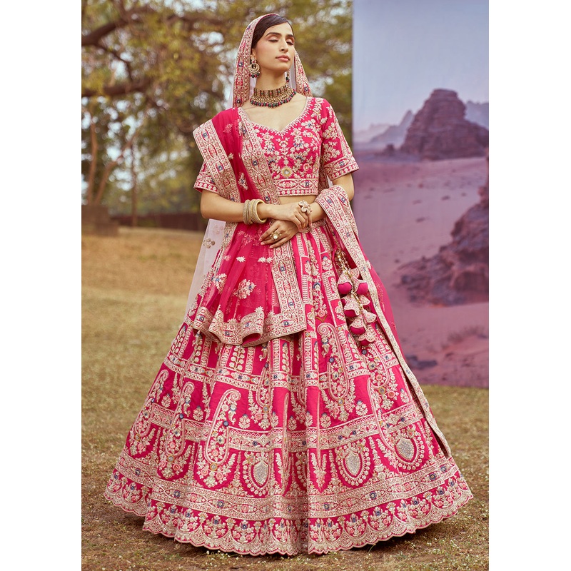 Pink Pure Silk Embroidered Wedding Wear Lehenga Choli