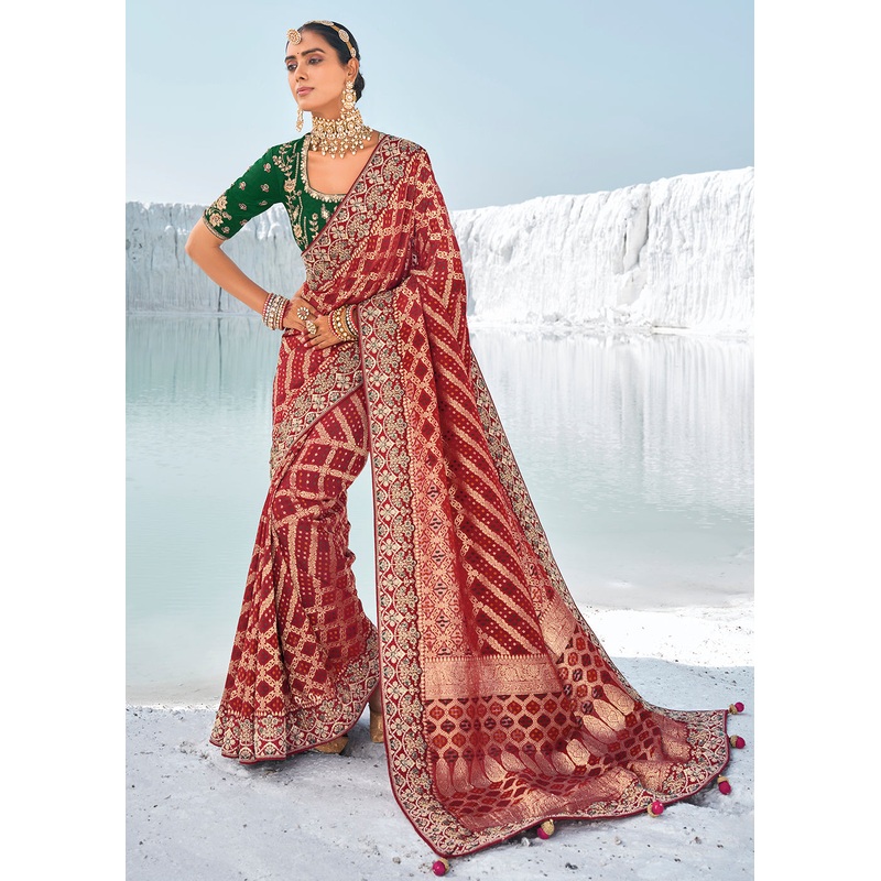 Pretty Maroon Georgette Wedding Bandhani Patola Saree