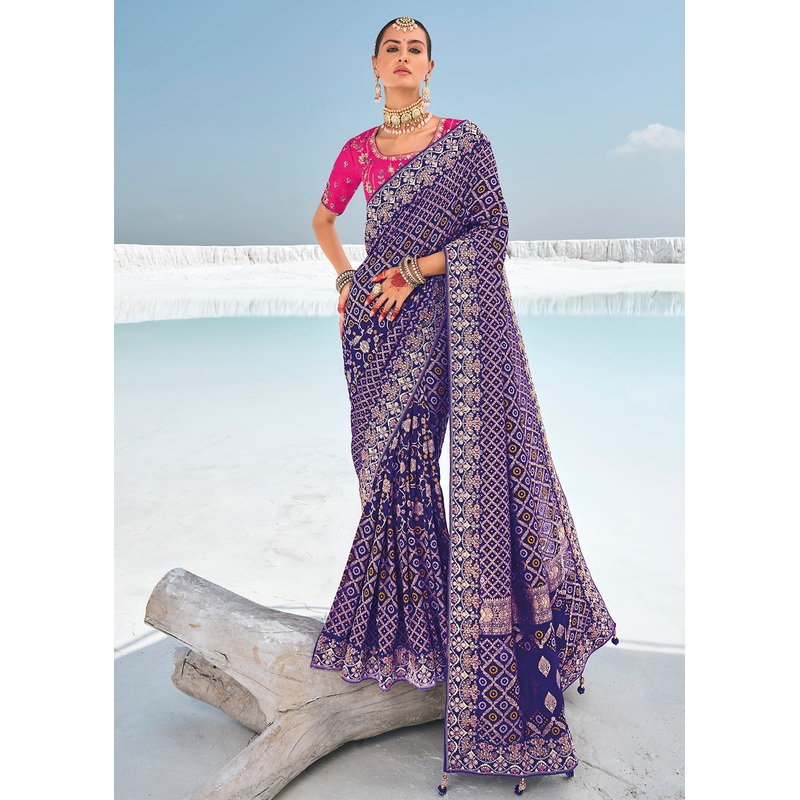 Pretty Purple Georgette Wedding Bandhani Patola Saree