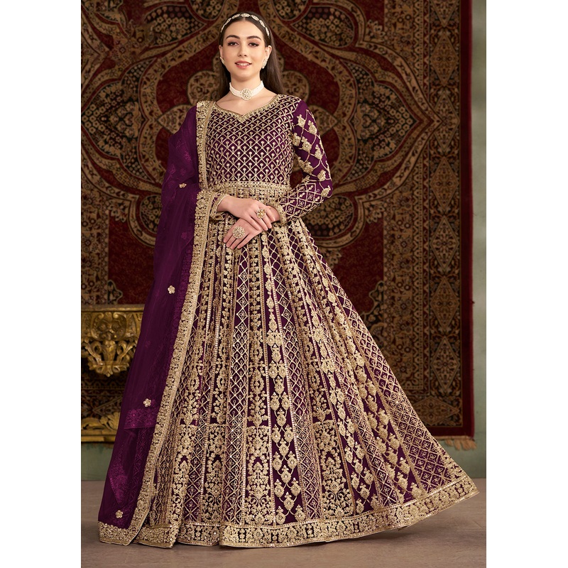 Purple All Over Embroidered Net Wedding Anarkali Gown