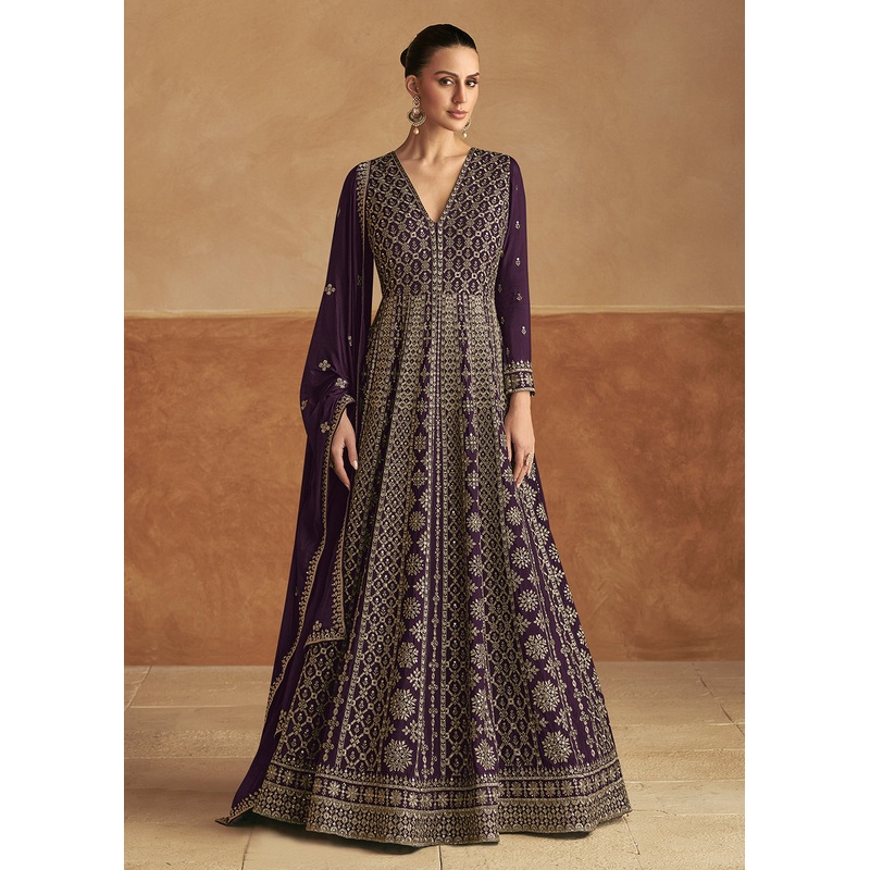 Purple Front & Back Embroidery Wedding Anarkali Suit
