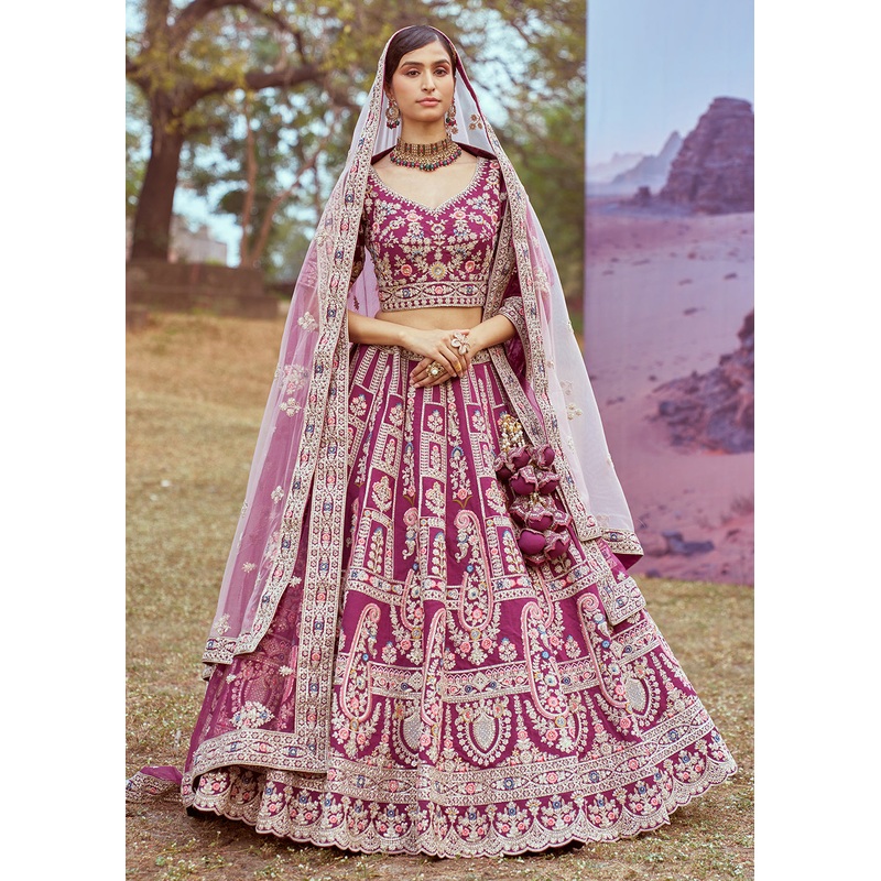 Purple Pure Silk Embroidered Wedding Wear Lehenga Choli