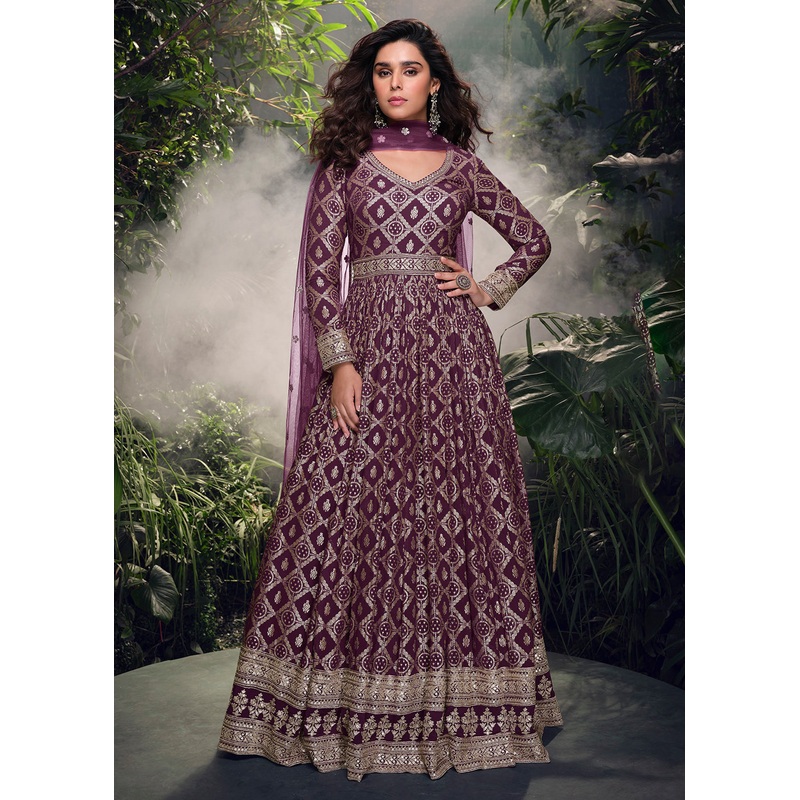 Purple Pure Viscose Jaquard Embroidered Silk Anarkali Gown