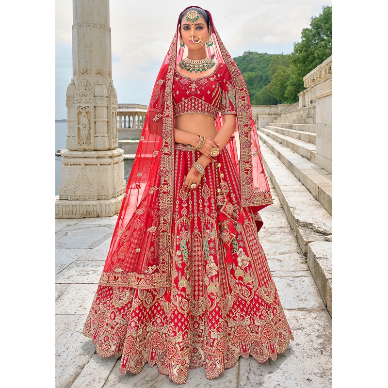 Radiant Red Silk Embroidered Bridal Wear Lehenga Choli