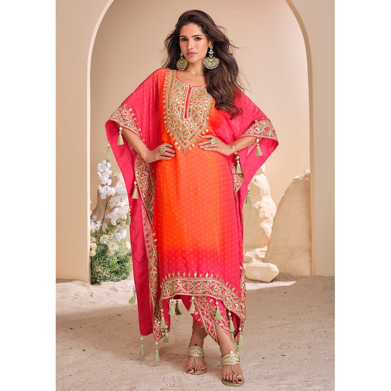 Red & Orange Dhoti Style Hand Embellished Kaftan Style Dress