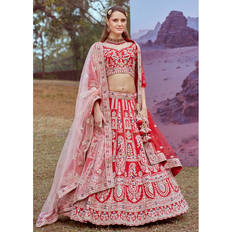 Red Pure Silk Embroidered Wedding Wear Lehenga Choli
