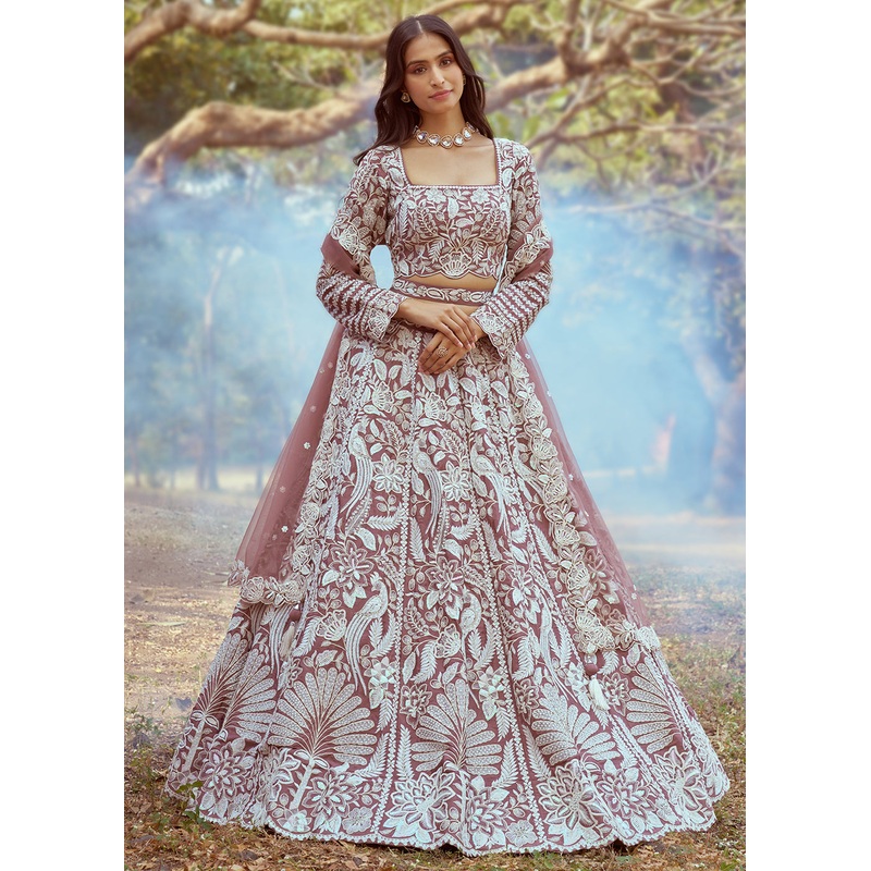 Rose Gold Satin Sequins Embroidered Designer Lehenga Choli