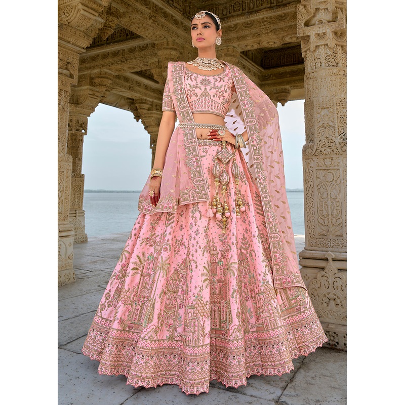 Rose Pink Silk Embroidered Bridal Wear Lehenga Choli