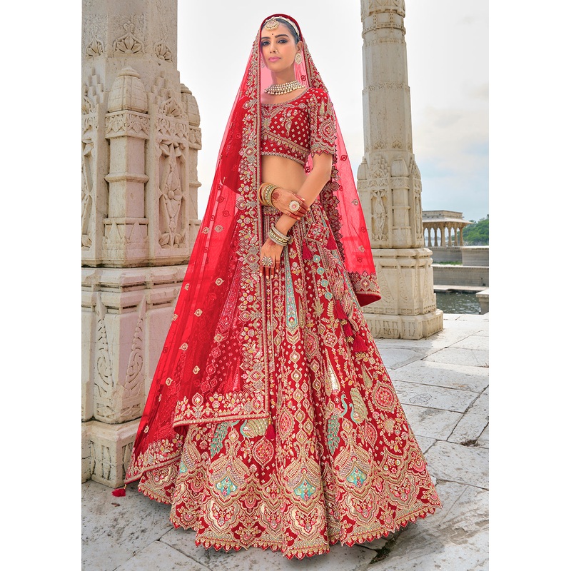 Ruby Red Silk Embroidered Bridal Wear Lehenga Choli
