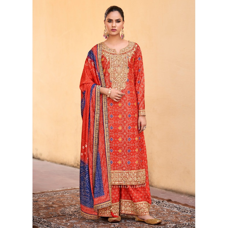 Rust Chinnon Mirror Embroidered Palazzo Style Suit