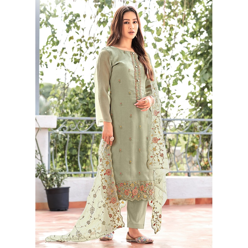 Sage Green Embroidered Organza Chiffon Festive Salwar Suit