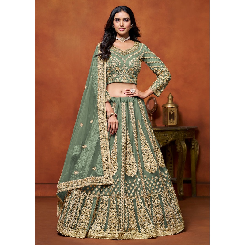 Sage Green Net Embroidered Festive Lehenga Choli