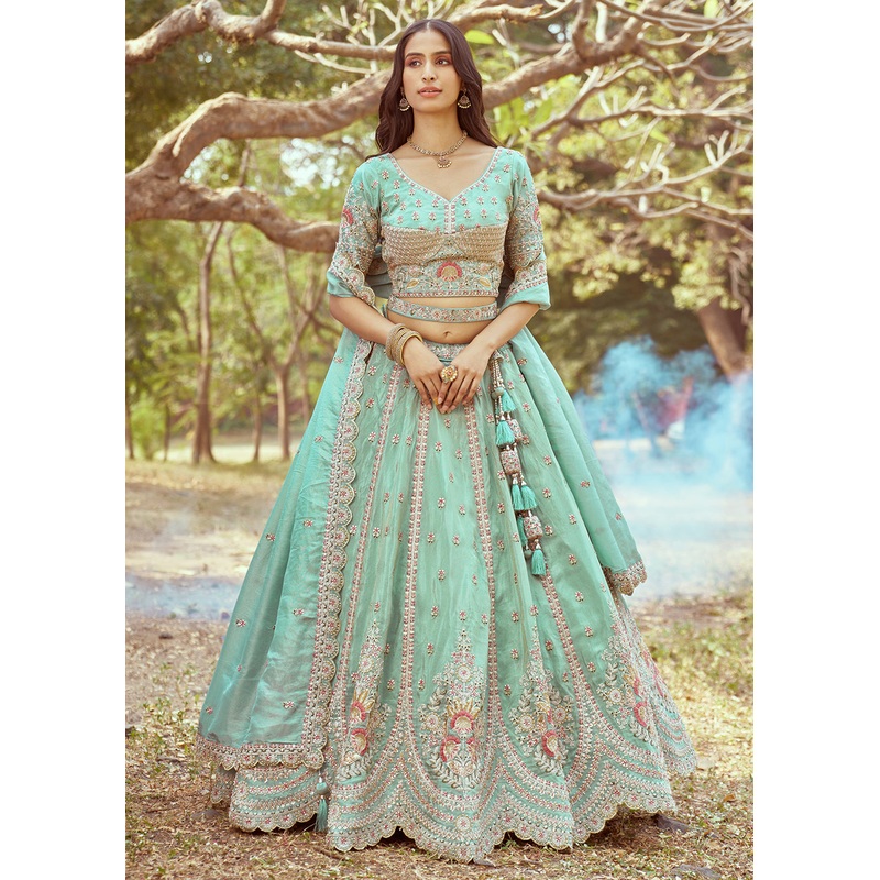 Sea Green Gold Crushed Tissue Designer Lehenga Choli