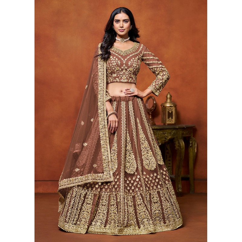 Snuff Brown Net Embroidered Festive Lehenga Choli