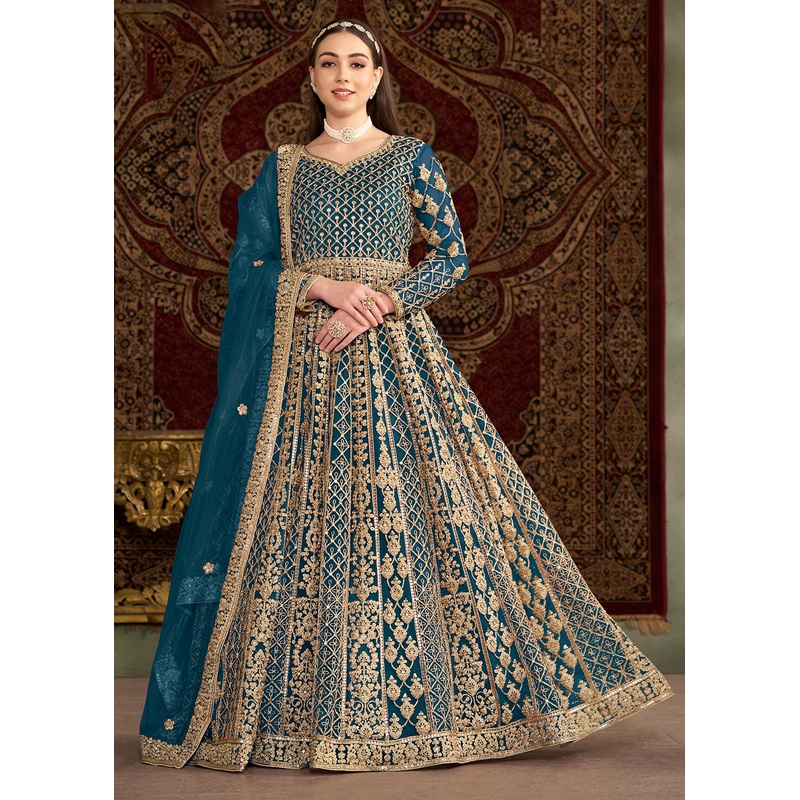 Teal Blue All Over Embroidered Net Wedding Anarkali Gown