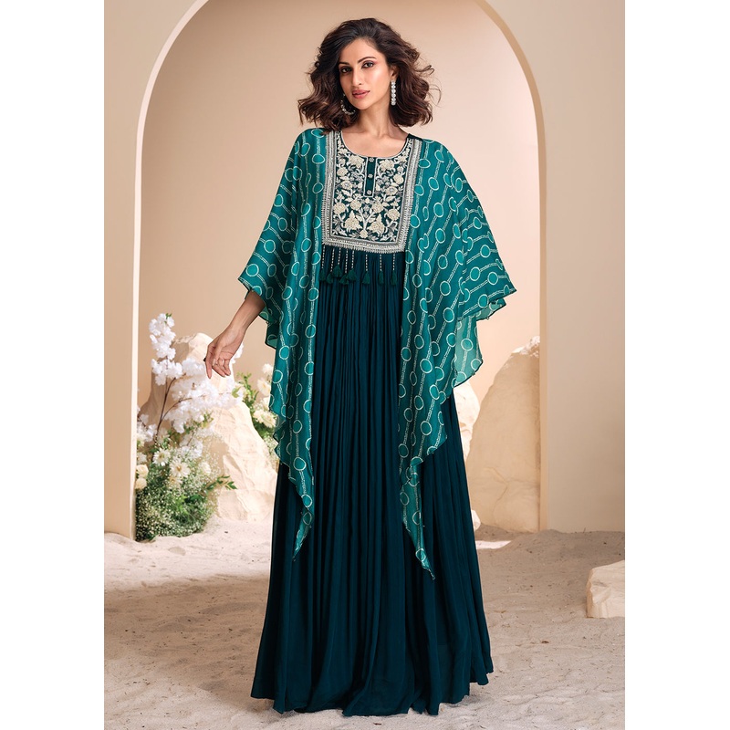 Teal Green Chinnon Silk Kaftan Style Anarkali Gown