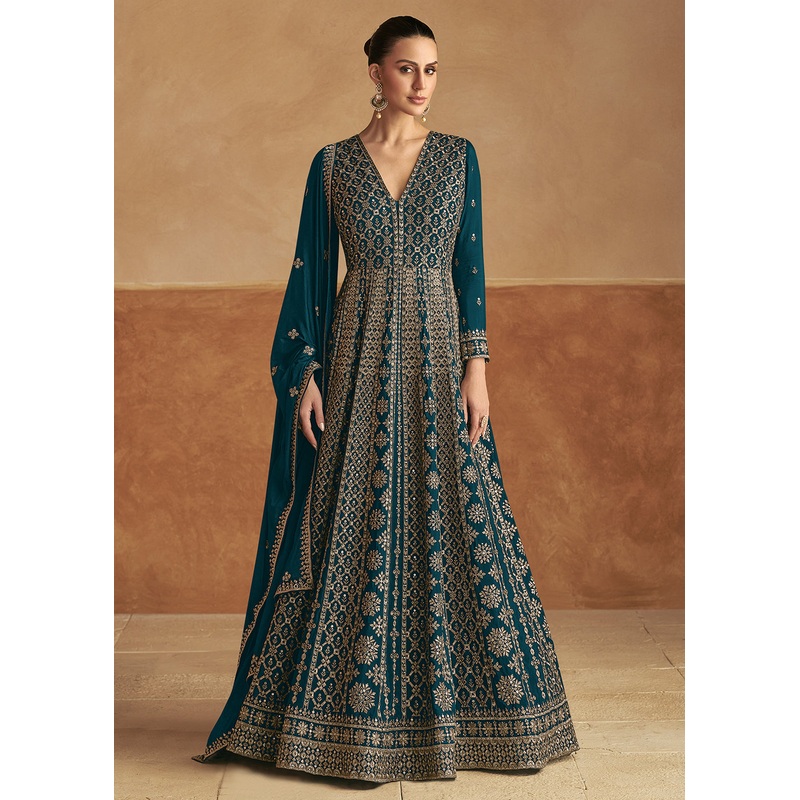 Teal Green Front & Back Embroidery Wedding Anarkali Suit