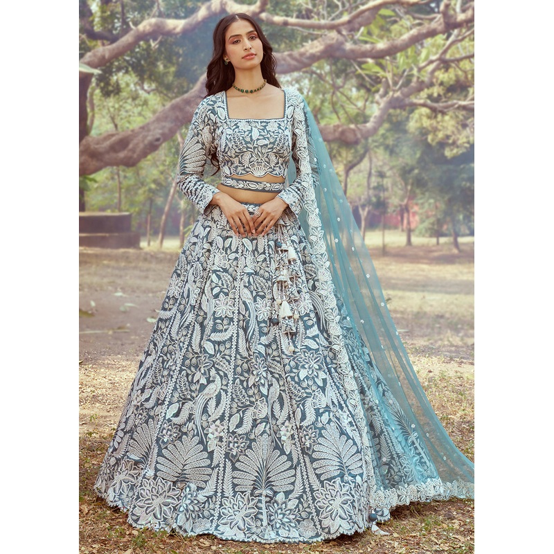 Teal Satin Sequins Embroidered Designer Lehenga Choli
