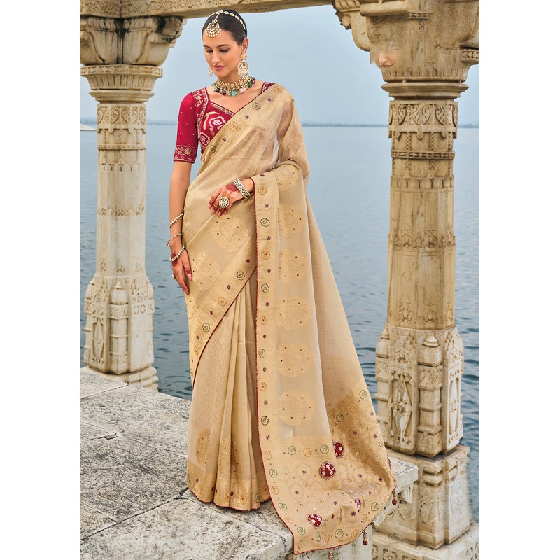 Tempting Beige Kanjivaram Silk Designer Traditional Saree