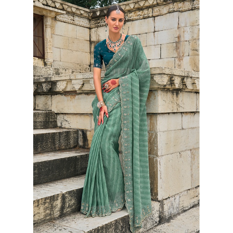 Tempting Green Crush Tissue Designer Traditional Saree