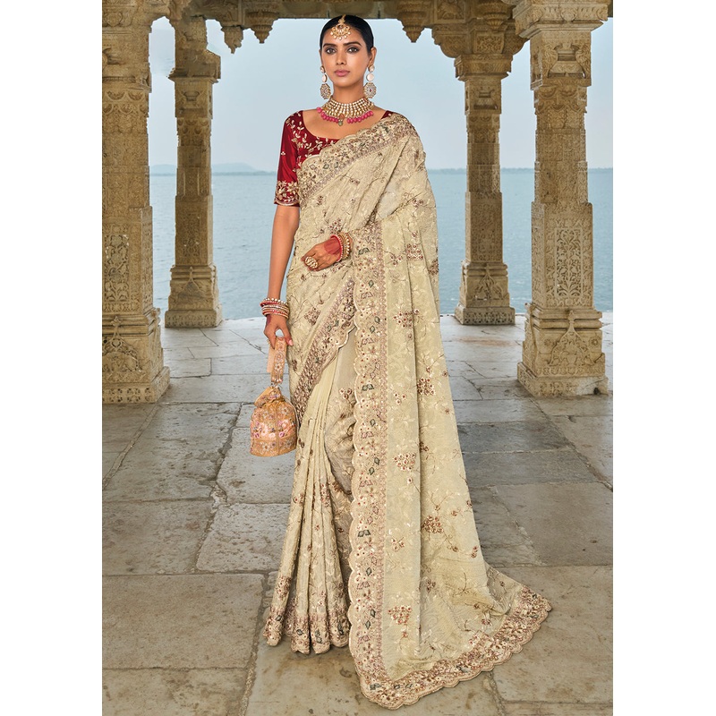 Tempting Ivory Banarasi Silk Designer Traditional Saree