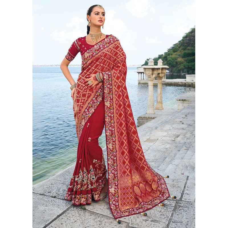 Tempting Maroon Bandhej Silk Designer Traditional Saree