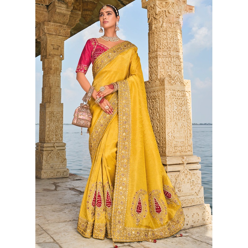 Tempting Mustard Crape Jacquard Designer Traditional Saree