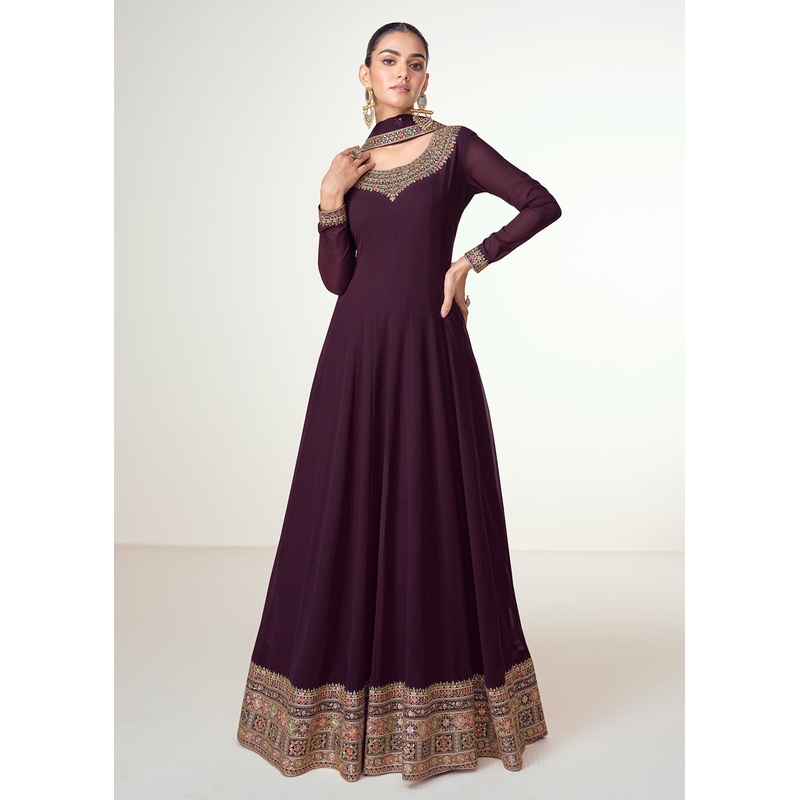 Wine Real Georgette Floor Length Anarkali Suit