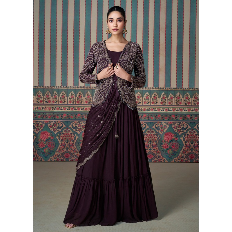 Wine Silk Embroidered Saree Style Party Wear Anarkali Gown