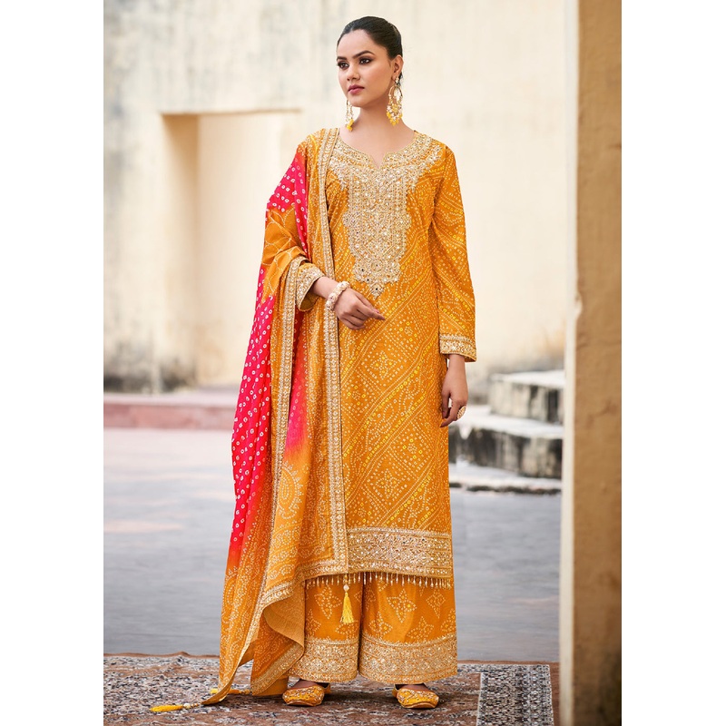 Yellow Chinnon Mirror Embroidered Palazzo Style Suit
