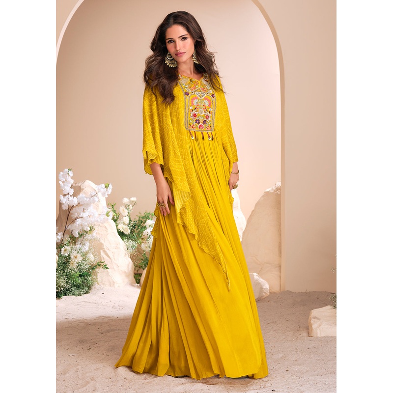 Yellow Chinnon Silk Kaftan Style Anarkali Gown