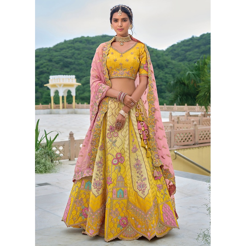 Yellow & Pink Heavy Embroidered Bridal Style Lehenga Choli