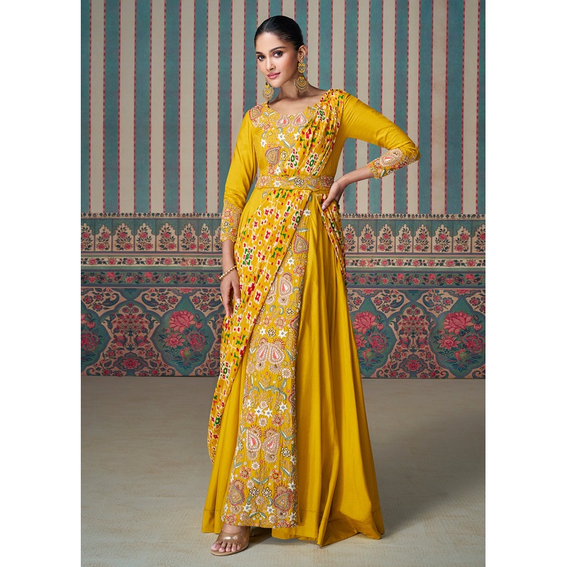 Yellow Silk Embroidered Saree Style Party Wear Anarkali Gown