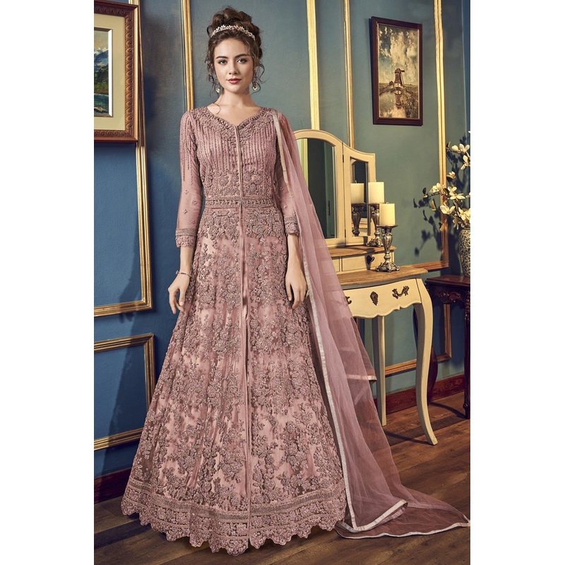 Aesthetic Pink Trendy Long Embroidered Lehenga Style Anarkali