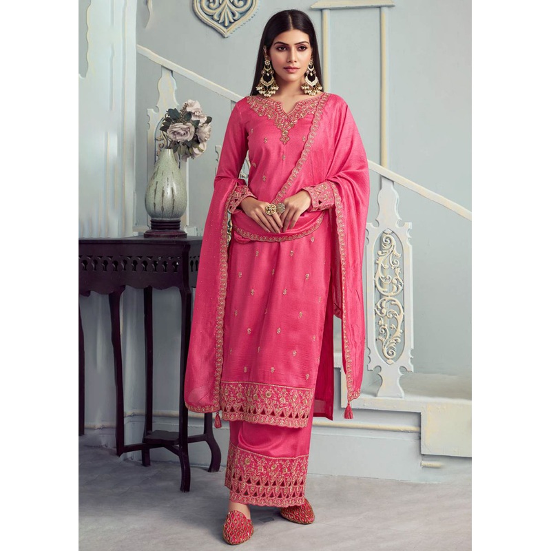 Alluring Pink Embroidered Silk Georgette Festive Salwar Suit