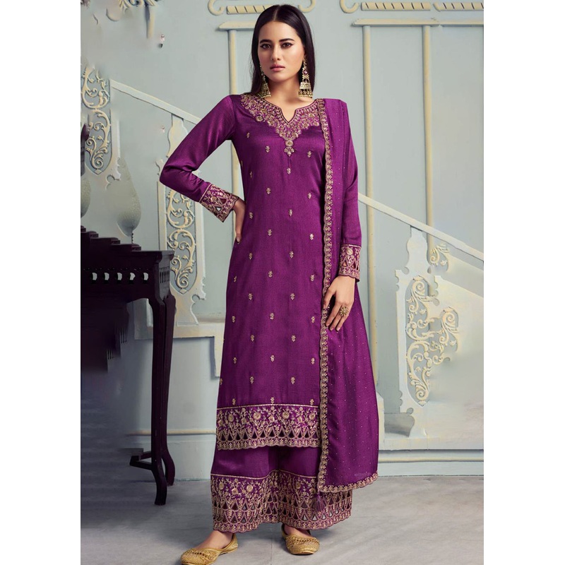 Alluring Purple Embroidered Silk Georgette Festive Salwar Suit