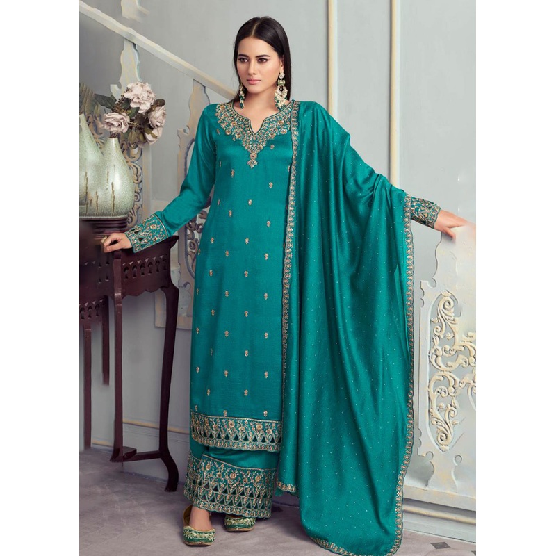 Alluring Teal Embroidered Silk Georgette Festive Salwar Suit
