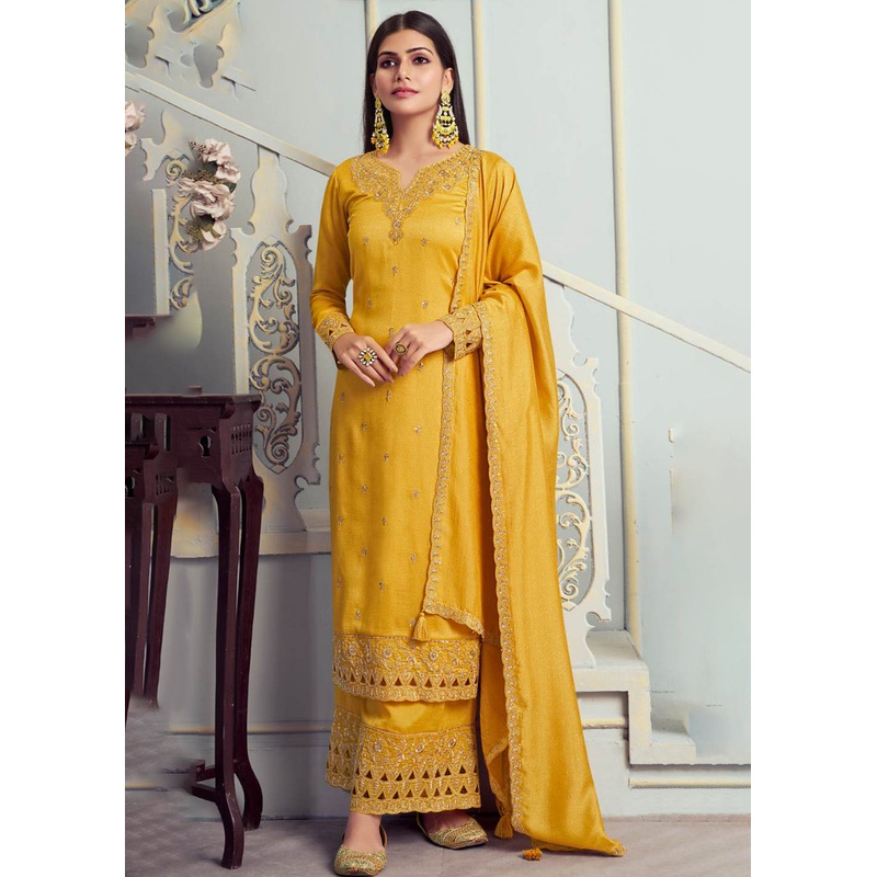 Alluring Yellow Embroidered Silk Georgette Festive Salwar Suit