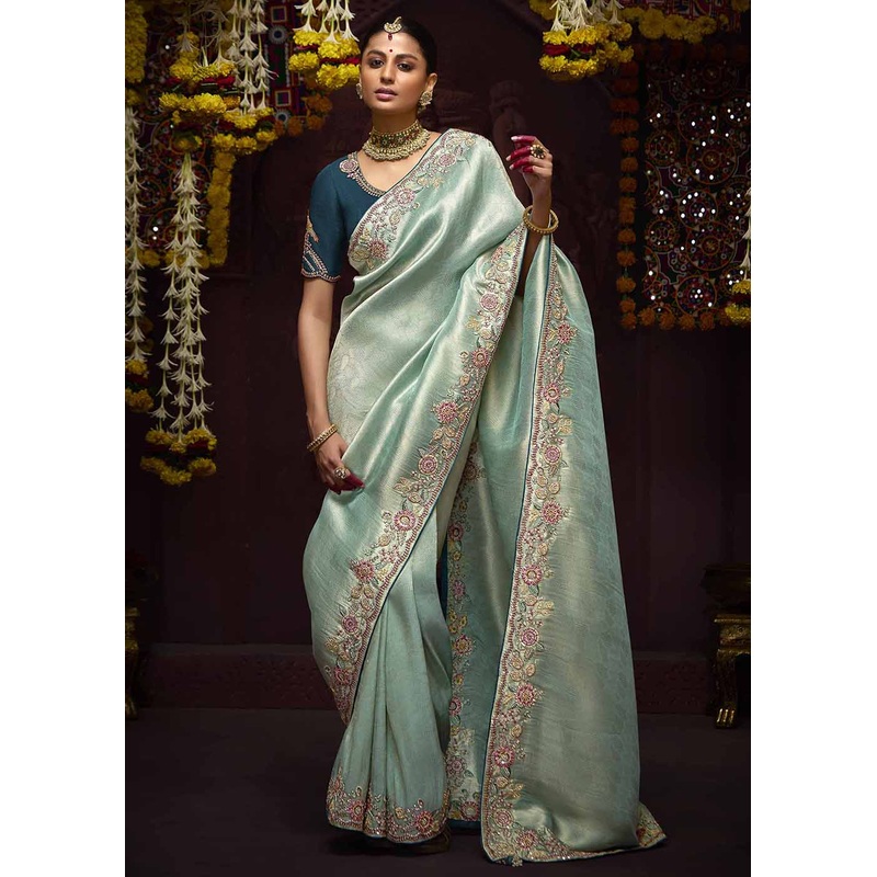 Aqua Blue Kanjivaram Silk Embroidered Designer Saree