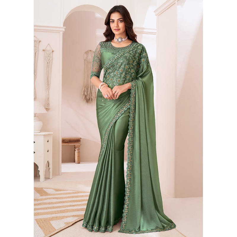 Attractive Dusty Green Satin Silk Designer Wear Saree