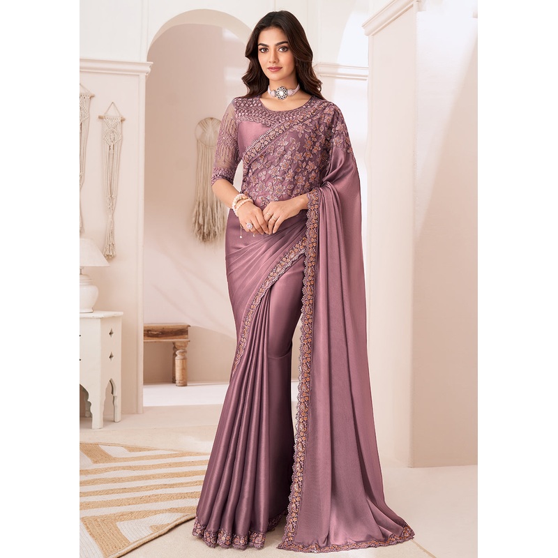 Attractive Dusty Pink Satin Silk Designer Wear Saree