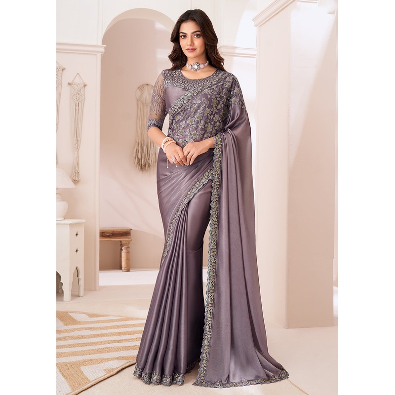 Attractive Dusty Purple Satin Silk Designer Wear Saree