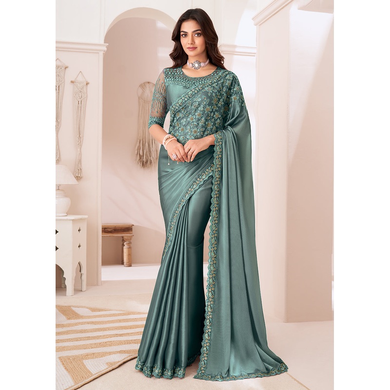 Attractive Dusty Sea Green Satin Silk Designer Wear Saree