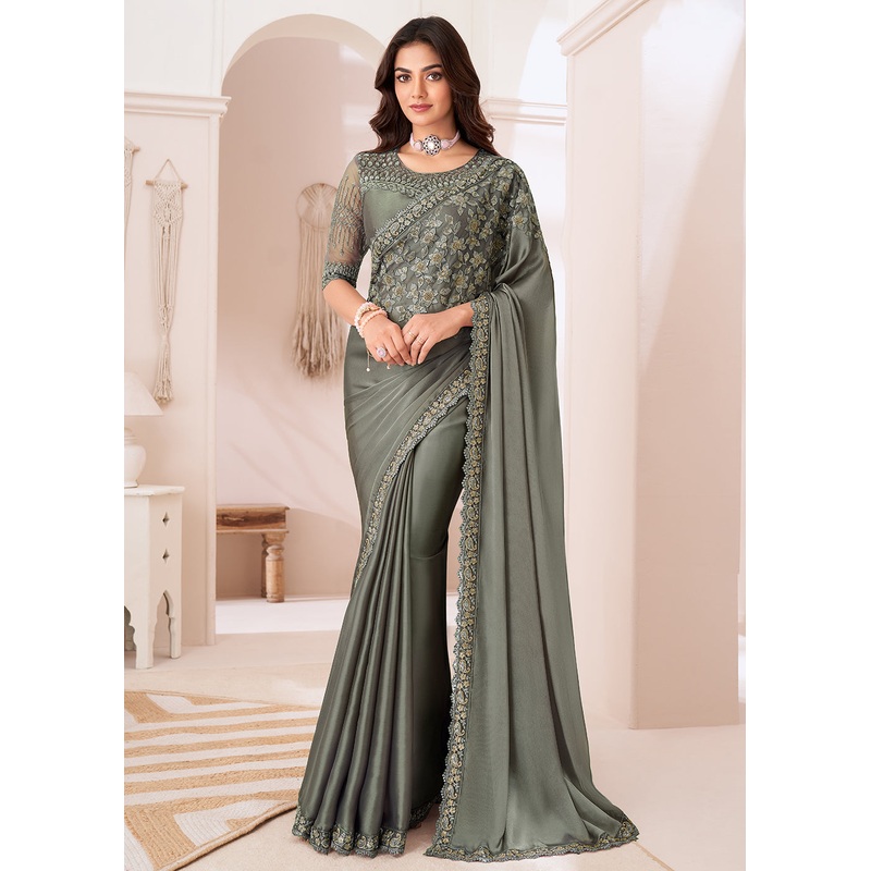 Attractive Moss Grey Satin Silk Designer Wear Saree