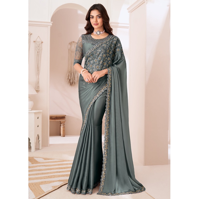 Attractive Slate Grey Satin Silk Designer Wear Saree