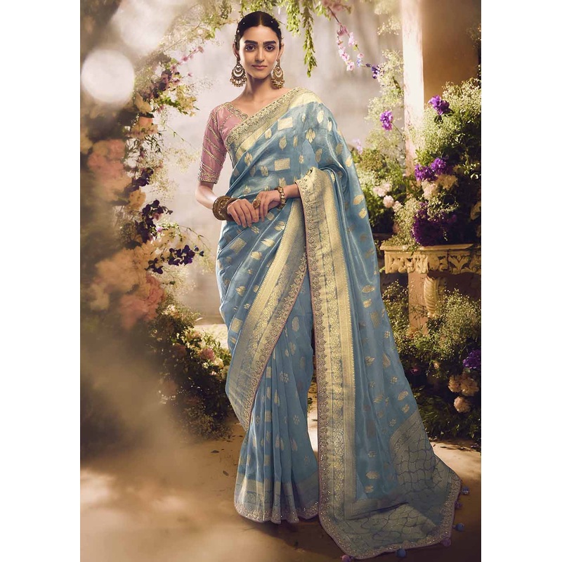Banarasi Silk Zari Tissue Blue Festive Wear Saree