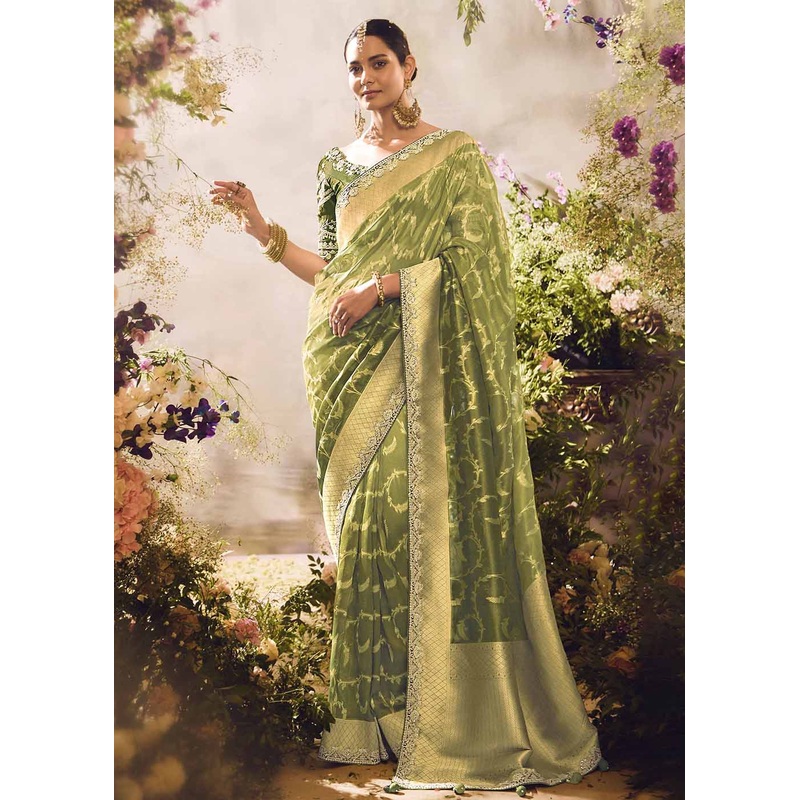 Banarasi Silk Zari Tissue Green Festive Wear Saree