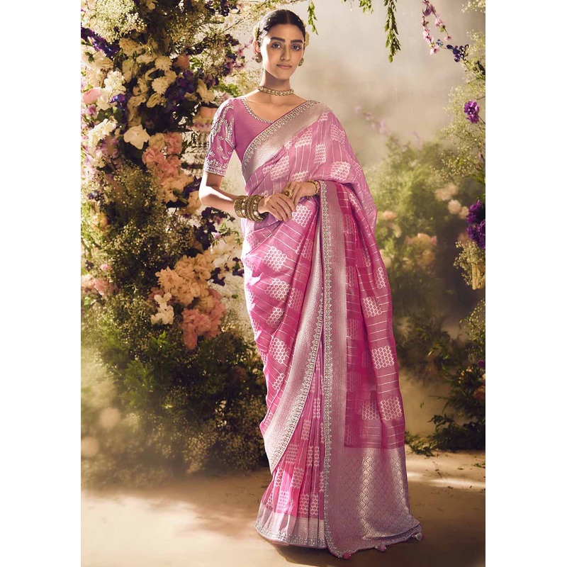 Banarasi Silk Zari Tissue Pink Festive Wear Saree