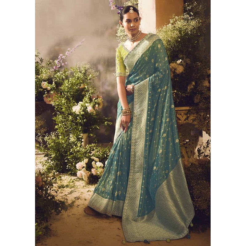 Banarasi Silk Zari Tissue Teal Green Festive Wear Saree