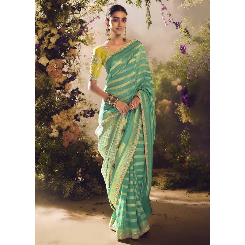 Banarasi Silk Zari Tissue Turquoise Festive Wear Saree